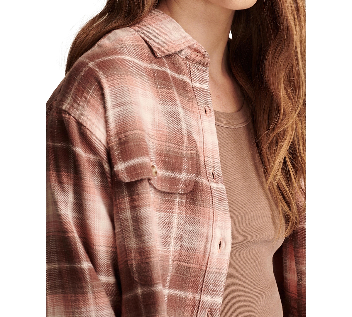 Shop Lucky Brand Women's Cotton Raw Edge Plaid Cropped Button Down Top In Peach Brown Plaid