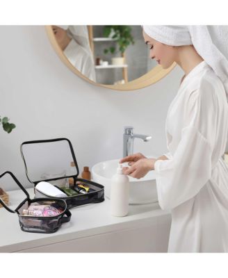 Set of 2 Clear Makeup Bag Cosmetic Organizer Travel Toiletry Pouch Handle Zipper for Makeup Artist Pink