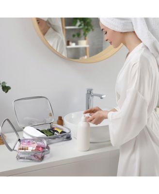 Set of 2 Clear Makeup Bag Cosmetic Organizer Travel Toiletry Pouch Handle Zipper for Makeup Artist Pink