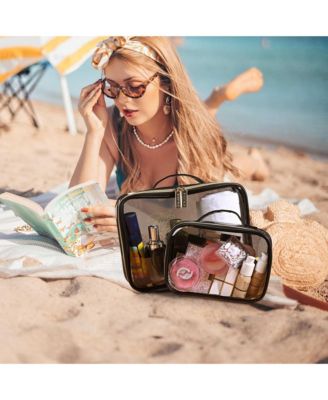 Set of 2 Clear Makeup Bag Cosmetic Organizer Travel Toiletry Pouch Handle Zipper for Makeup Artist Pink