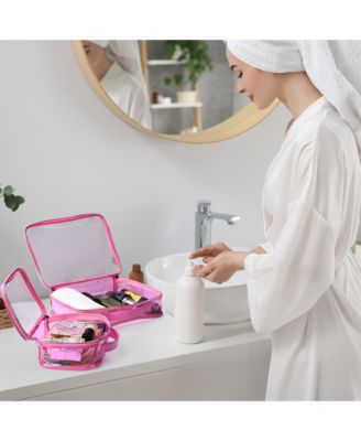 Set of 2 Clear Makeup Bag Cosmetic Organizer Travel Toiletry Pouch Handle Zipper for Makeup Artist Pink