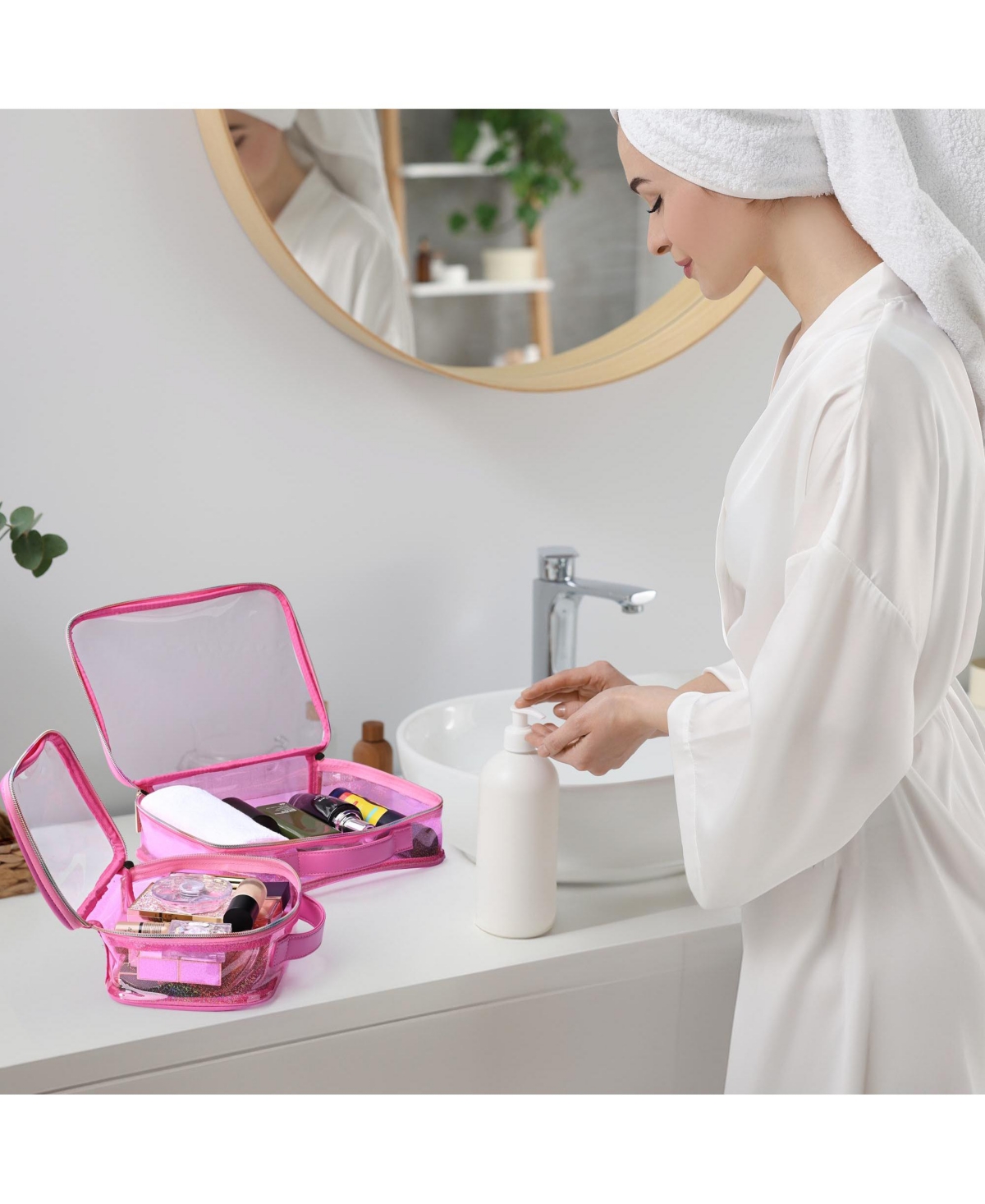Byootique Set of 2 Clear Makeup Bag Cosmetic Organizer Travel Toiletry Pouch Handle Zipper for Makeup Artist Pink