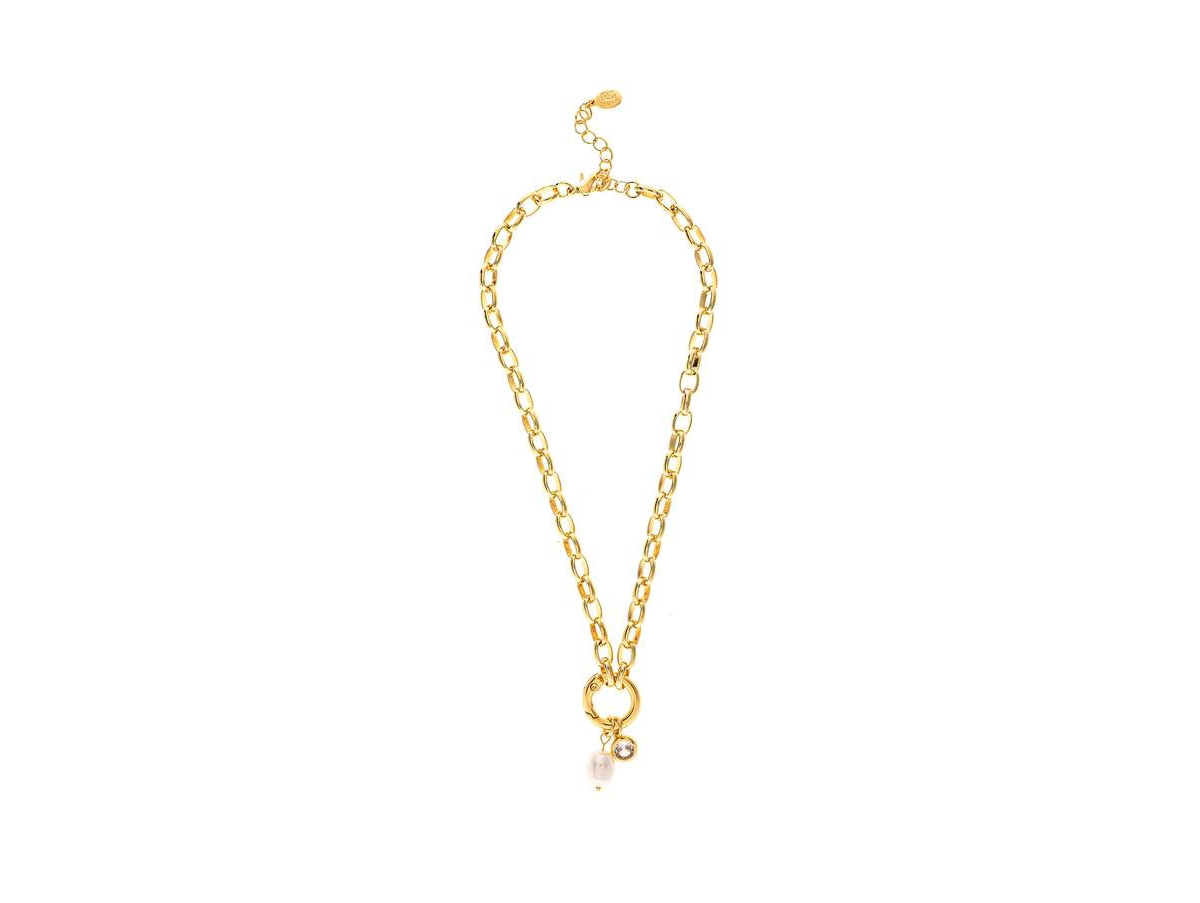 Oval Link Pearl & Cz Charm Necklace - Gold with white pearl