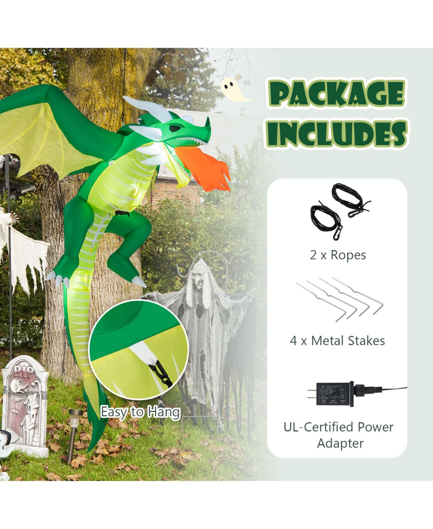 Детская игрушка VEBREDA 5 Feet Hanging Halloween Inflatable Dragon with Waterproof Polyester Fabric, Stakes and Ropes for Yard, цвет: Зелёный — фото 2