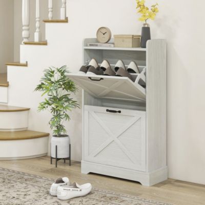 Slim Shoe Cabinet with 2 Flip Drawers and Adjustable Shelves,