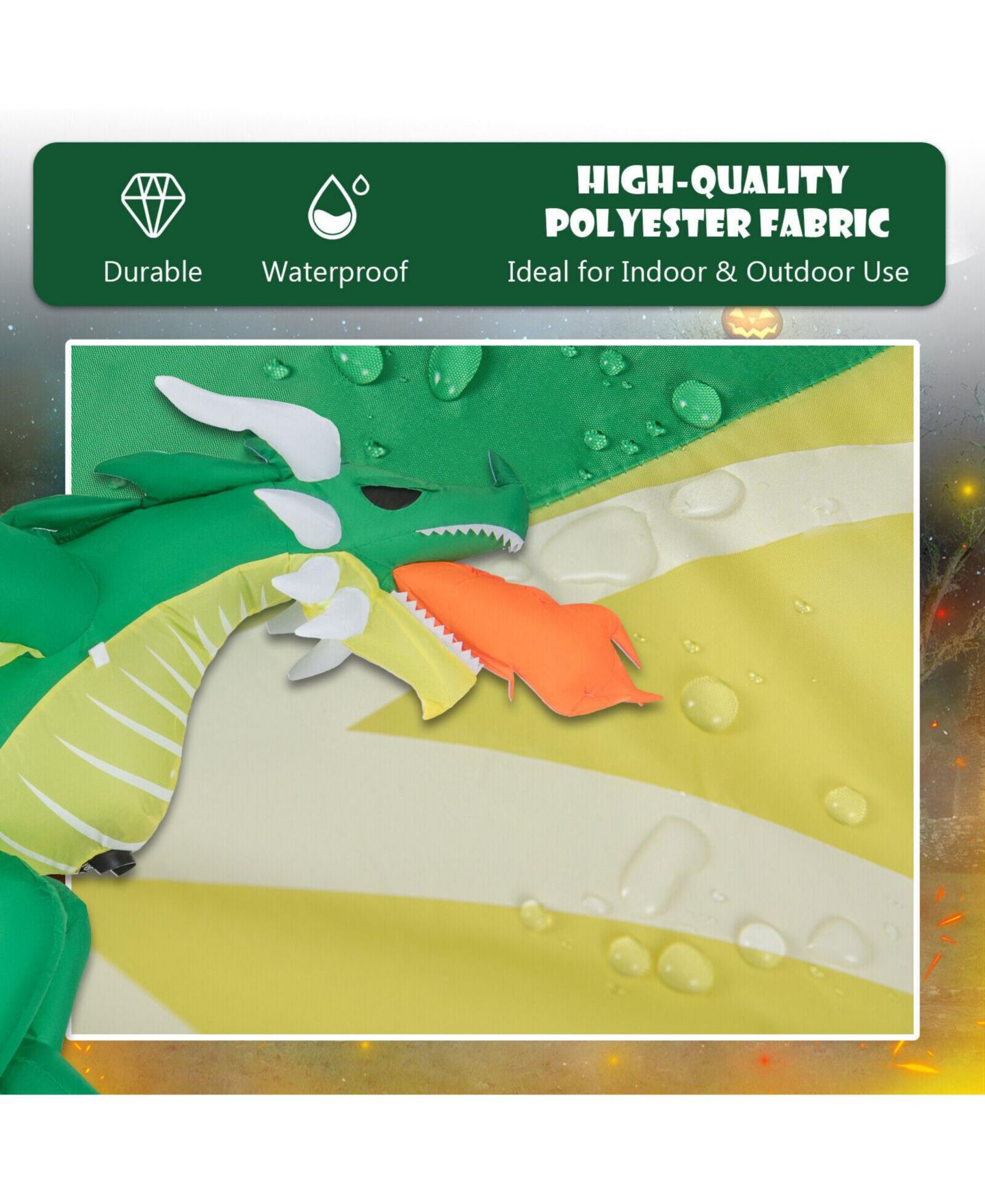 Детская игрушка VEBREDA 5 Feet Hanging Halloween Inflatable Dragon with Waterproof Polyester Fabric, Stakes and Ropes for Yard, цвет: Зелёный — фото 7