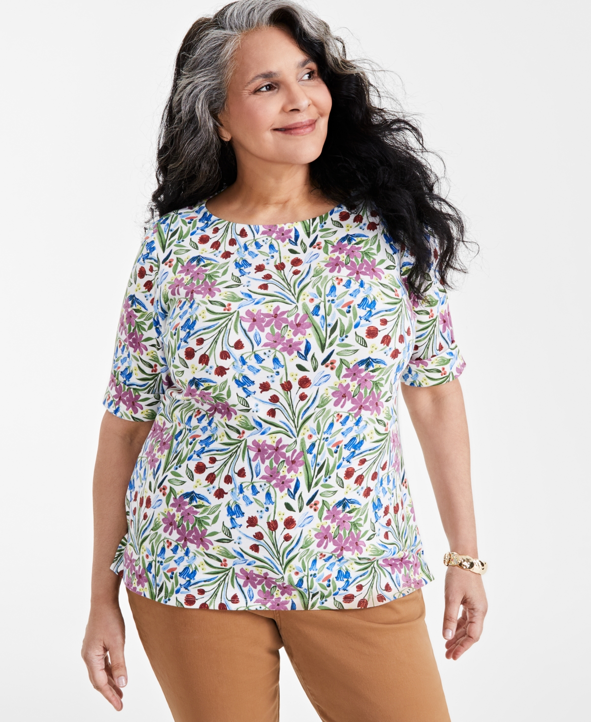 Style & Co Women's Printed Boat-Neck Elbow Sleeve Top, Created for Macy's