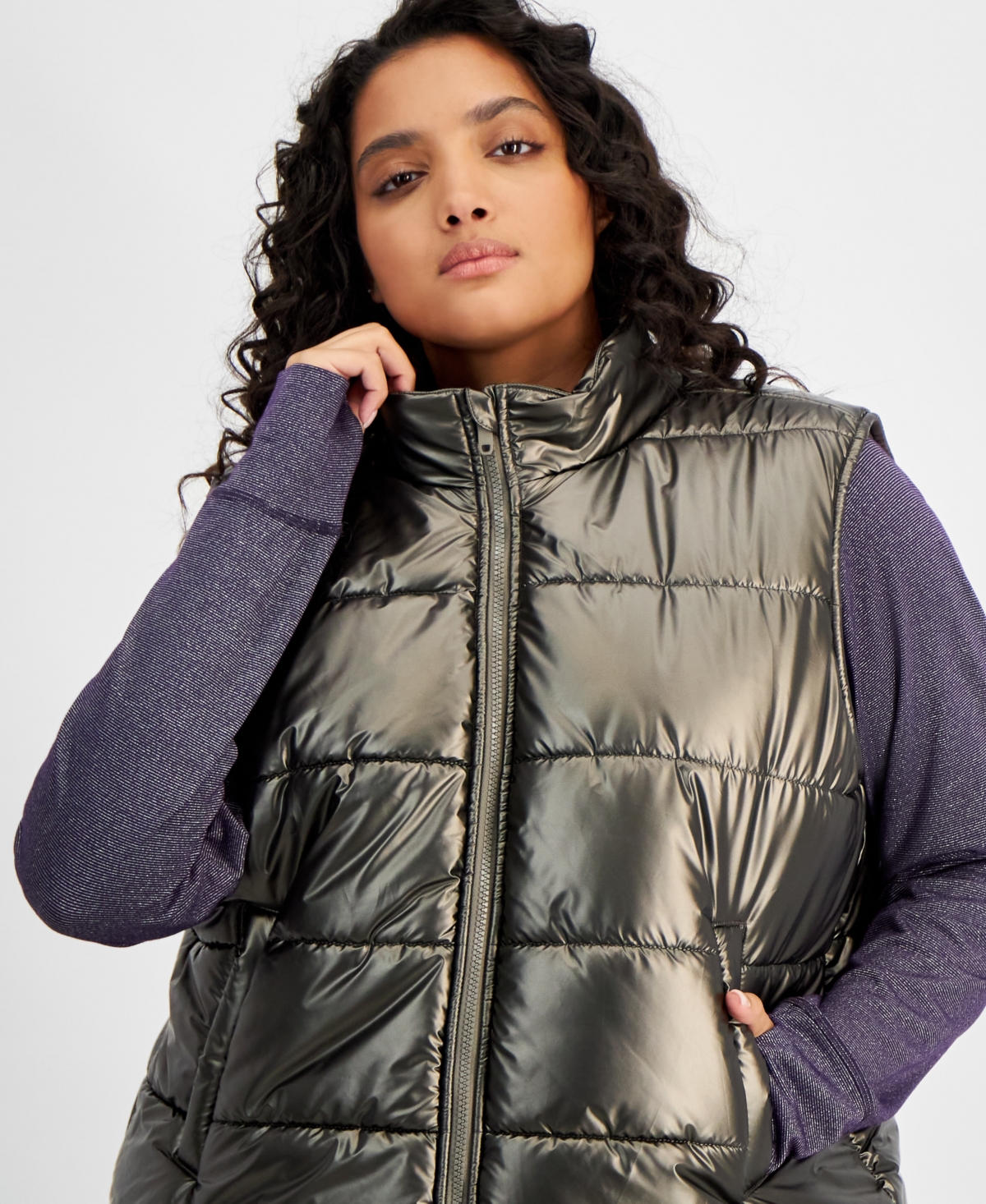 Id Ideology Plus Size Foil Puffer Vest, Created for Macy's