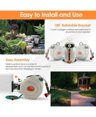 98ft Wall Mounted Retractable Garden Hose Reel with Hose Nozzle and Auto Rewind