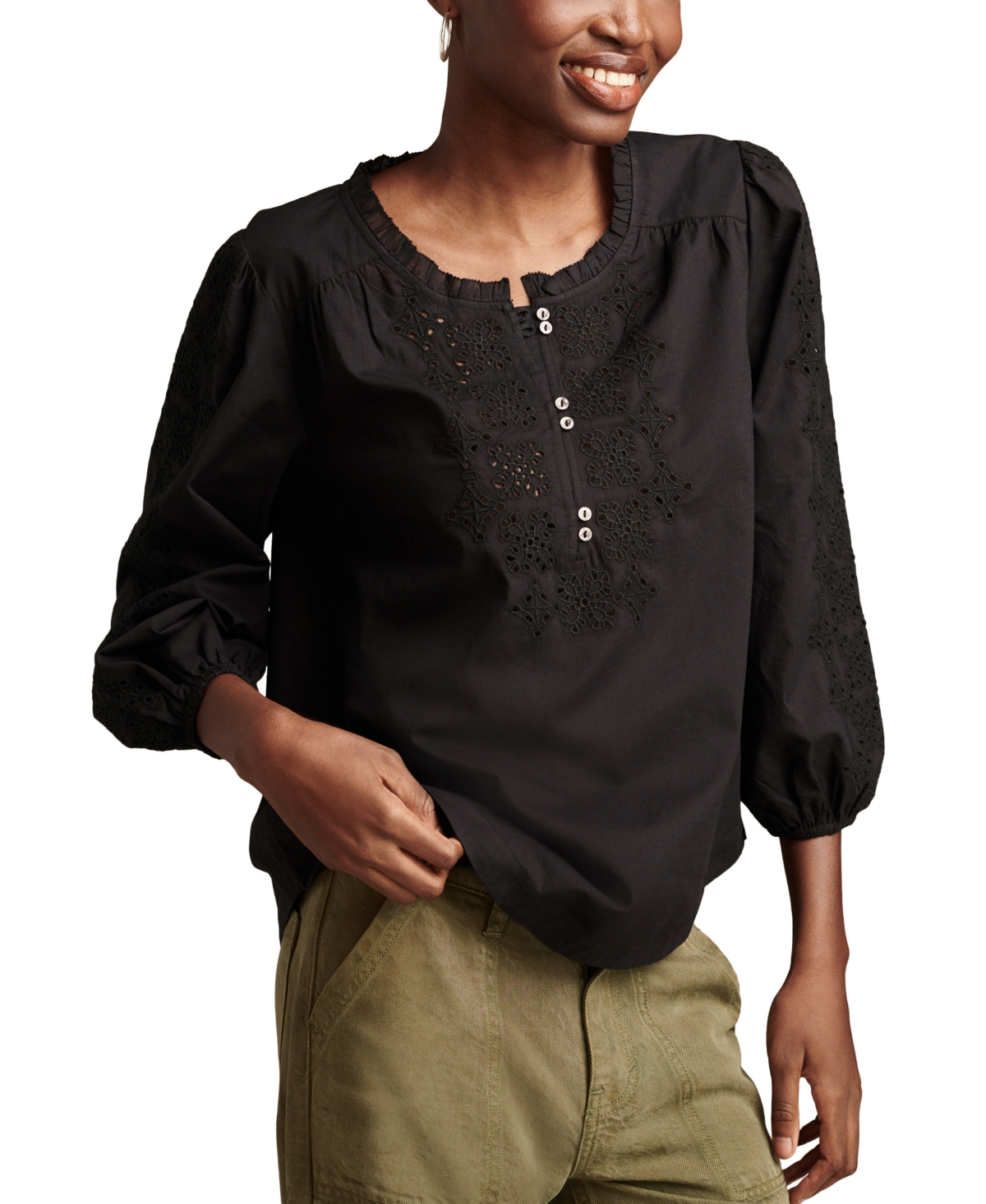 Lucky Brand Women's Cotton Eyelet-Embroidered 3/4-Sleeve Top