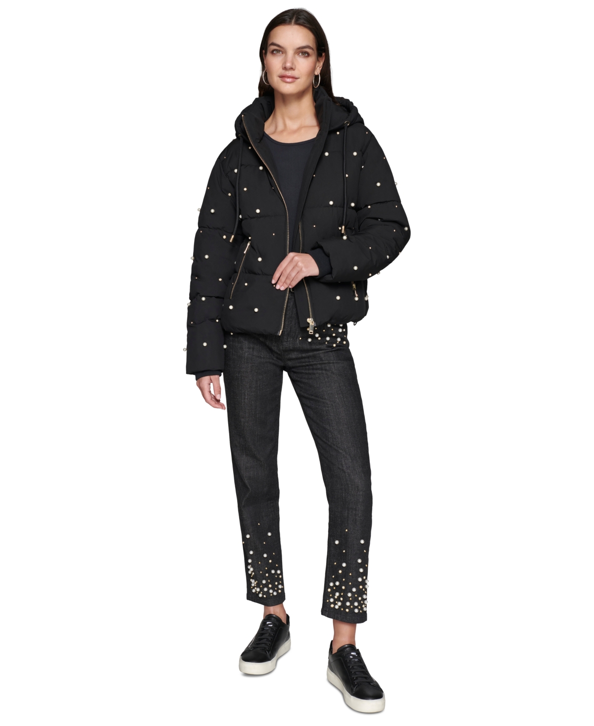 Karl Lagerfeld Paris Women's Embellished Hooded Puffer Jacket
