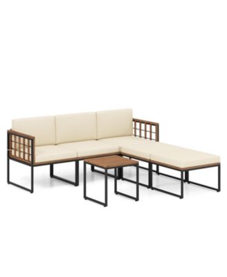 6 Pieces Acacia Wood Patio Furniture Set with Coffee Table and Ottomans-Beige