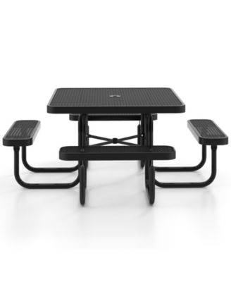 Square Picnic Table and Bench for 8 Person with Seats and Umbrella Hole-Black