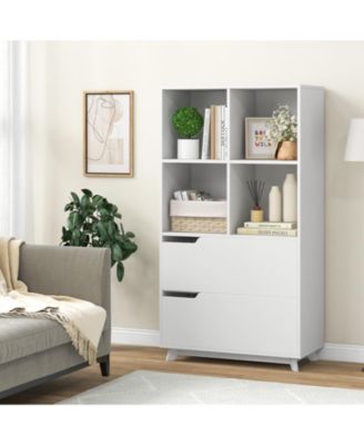 4-Tier Open Bookcase with 2 Drawers and 4 Storage Cubes-White