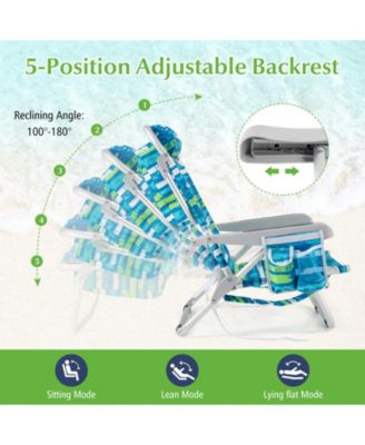 Foldable Backpack Beach Chair with Cup Holder and Storage Pockets for Outdoor-Blue and Green