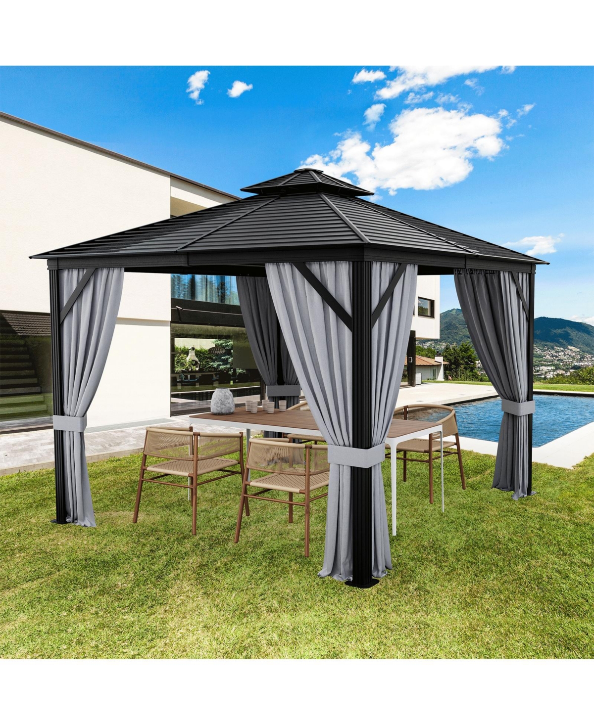 10 x 10 Feet Double-Top Hardtop Gazebo with Galvanized Steel Roof-Gray