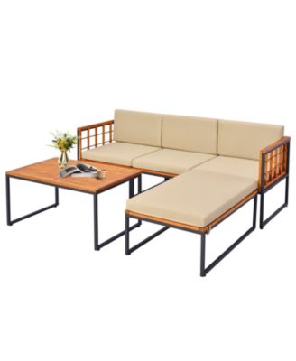 5 Pieces Patio Furniture Set Acacia Wood Sectional Set with Heavy-Duty Metal Frame-Beige