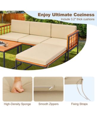 5 Pieces Patio Furniture Set Acacia Wood Sectional Set with Heavy-Duty Metal Frame-Beige