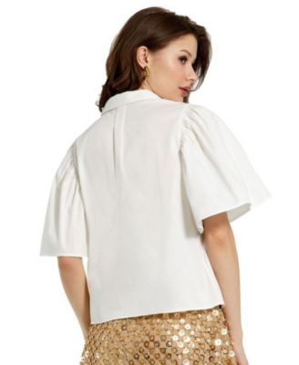 Women's Stretch Cotton Flare Ruffle Sleeve Button Up Top