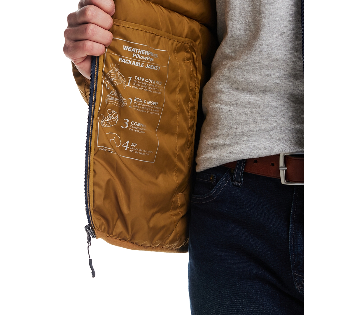 Men's Packable Neck Pillow Zip-front Quilted Jacket In Mustard Men's Packable Neck Pillow Zip-front Quilted Jacket In Mustard