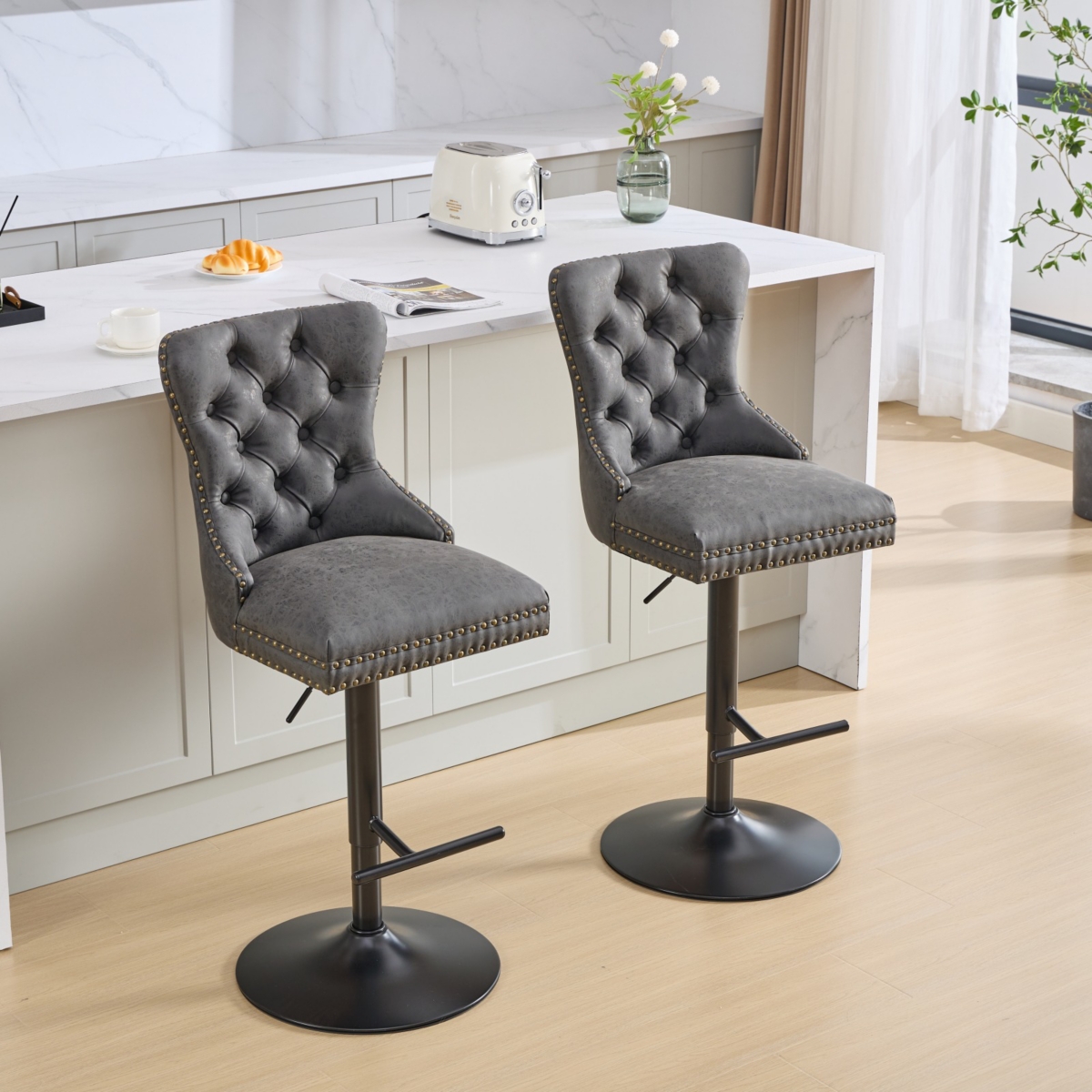 Simplie Fun Retro-Style Adjustable Barstools with Tufted Backs