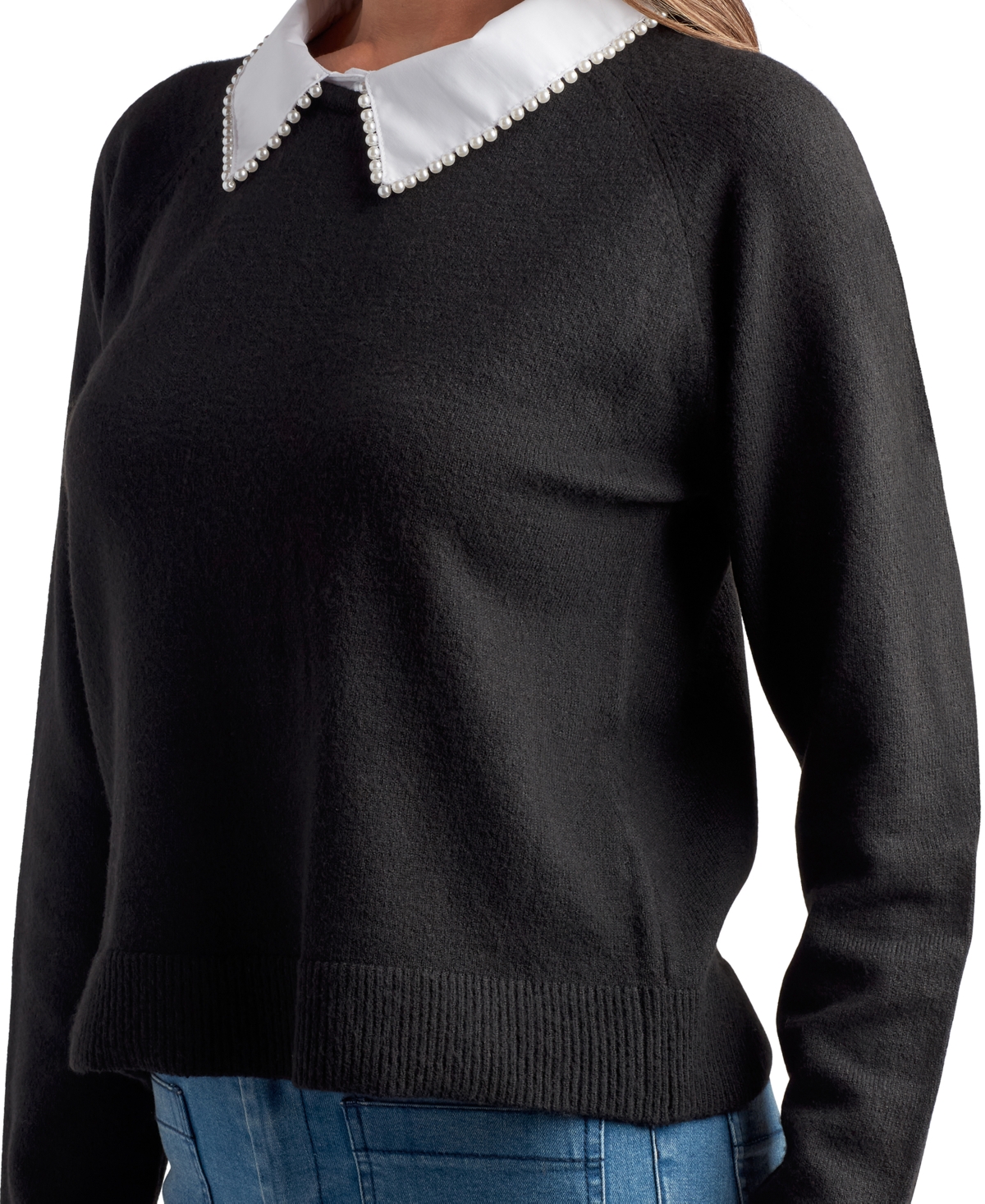 Bcx Juniors' Raglan-sleeve Contrast-collared Sweater In Black