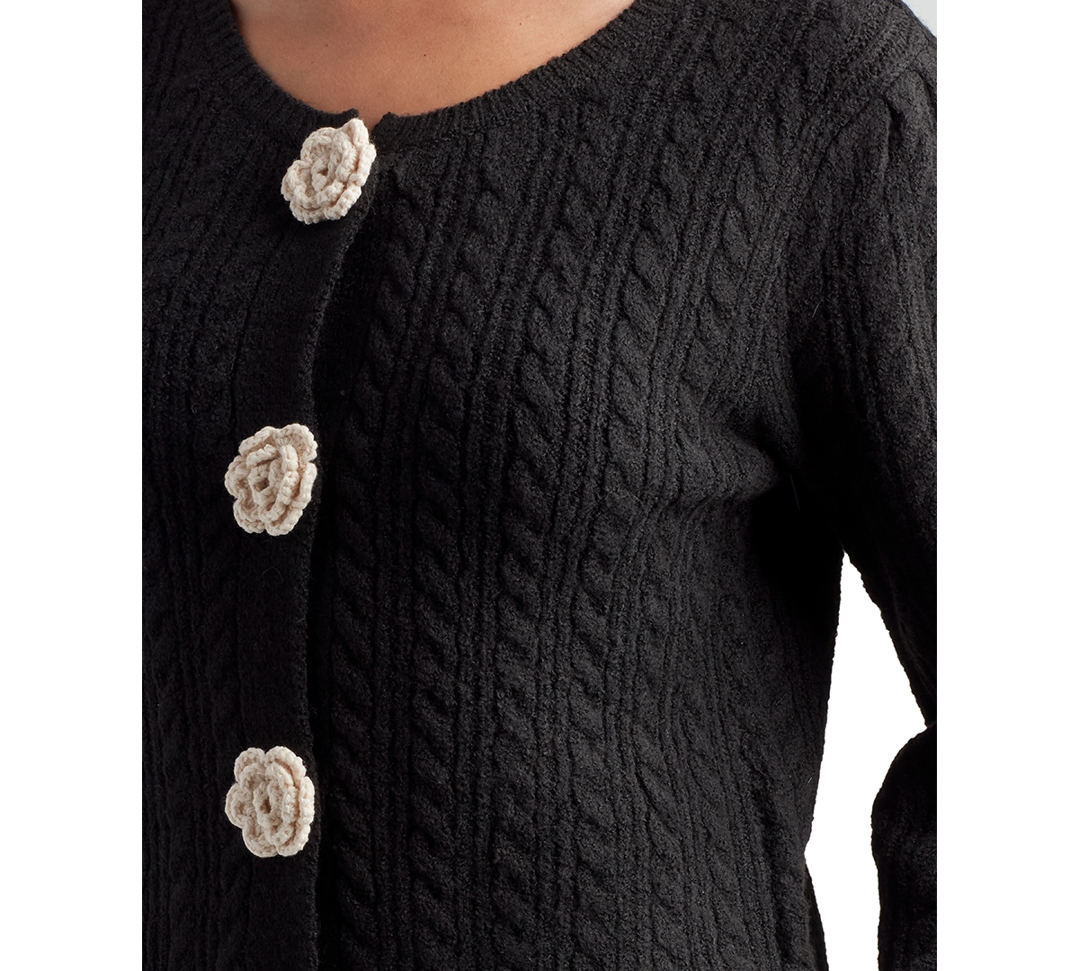 Bcx Juniors' Crewneck Crochet Rosette-Trim Cardigan