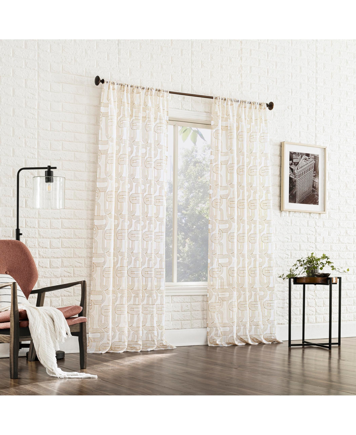 Kaz Embroidered Retro Curves Sheer Rod Pocket Curtain Panel
