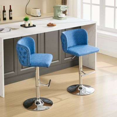 Set of 2 Adjustable Bar Stools with Chrome Base and Tufted Back, Blue
