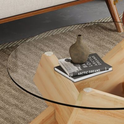 Streamdale Modern Circular Glass Coffee Table with Wood Legs
