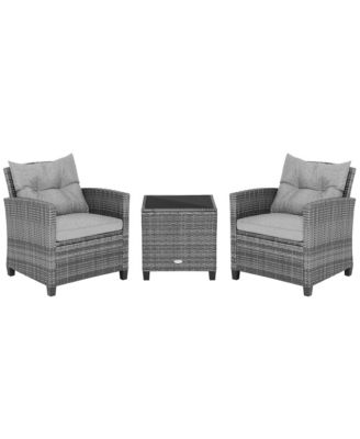 3PCS Patio Rattan Furniture Bistro Set Cushioned Sofas Side Table Armrest