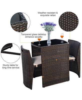 3 Pieces Cushioned Wicker Patio Bistro Set with No Assembly Needed