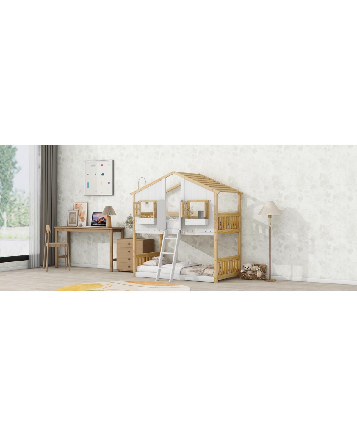 Streamdale Furniture Twin over Twin House Bunk Bed with Roof, Window, Door, Ladder - Natural+white