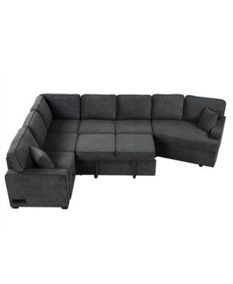 126" Beige L-Shaped Sectional Sofa with Charging and Cup Holders