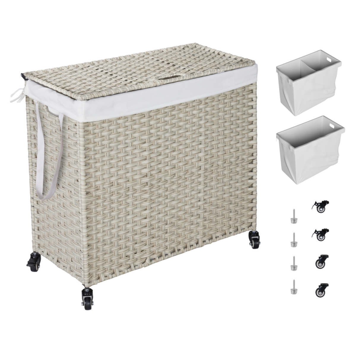Powder-Coated Rattan Laundry Hamper with Removable Bags and Wheels - Light grey