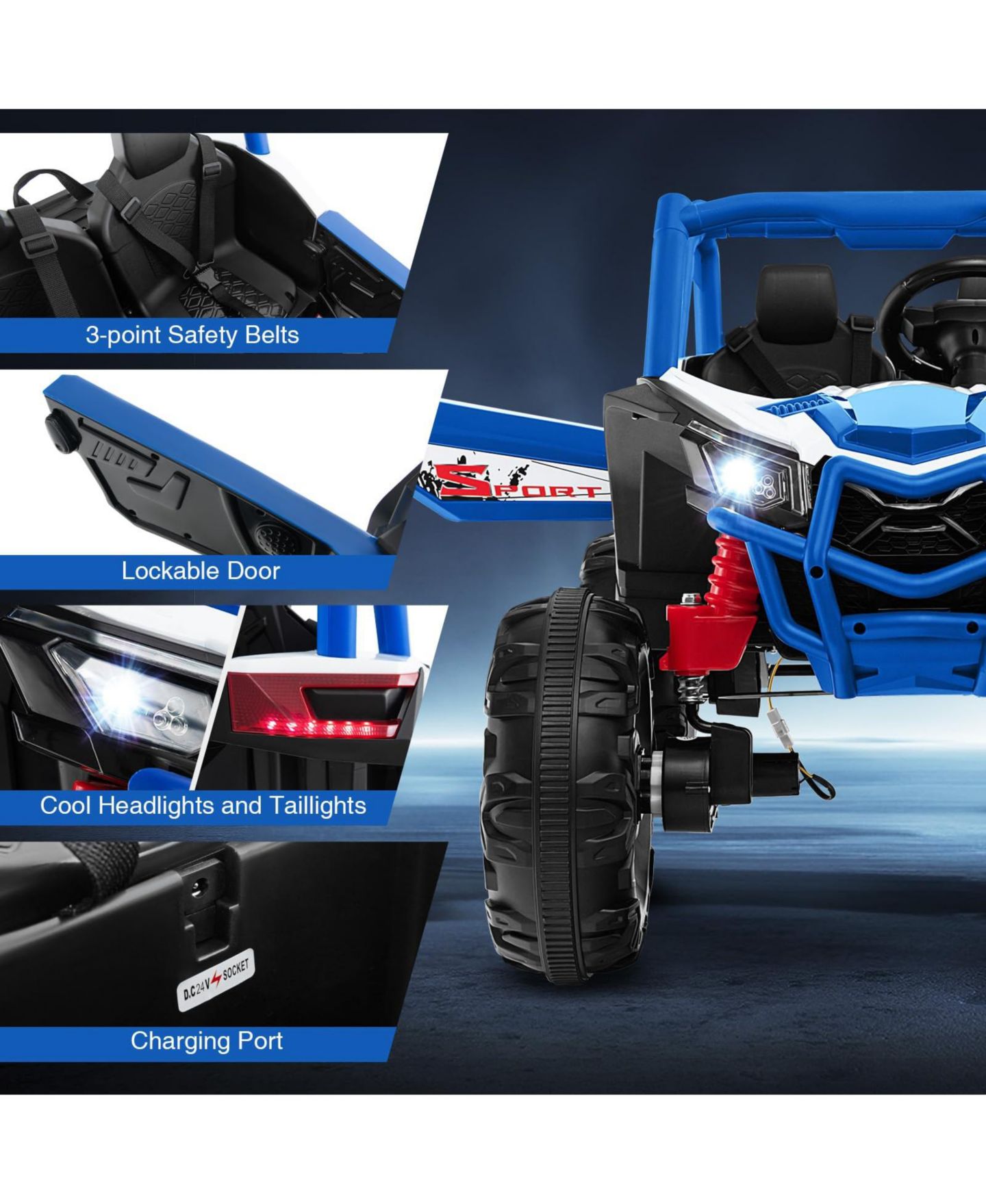 Детская игрушка VEBREDA 24V 2.4G Remote Control 2-Seater Ride-On UTV, Ages 3+, цвет: Синий — фото 4