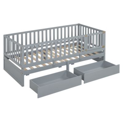 Twin Size Wood Daybed with Guardrails and Drawers