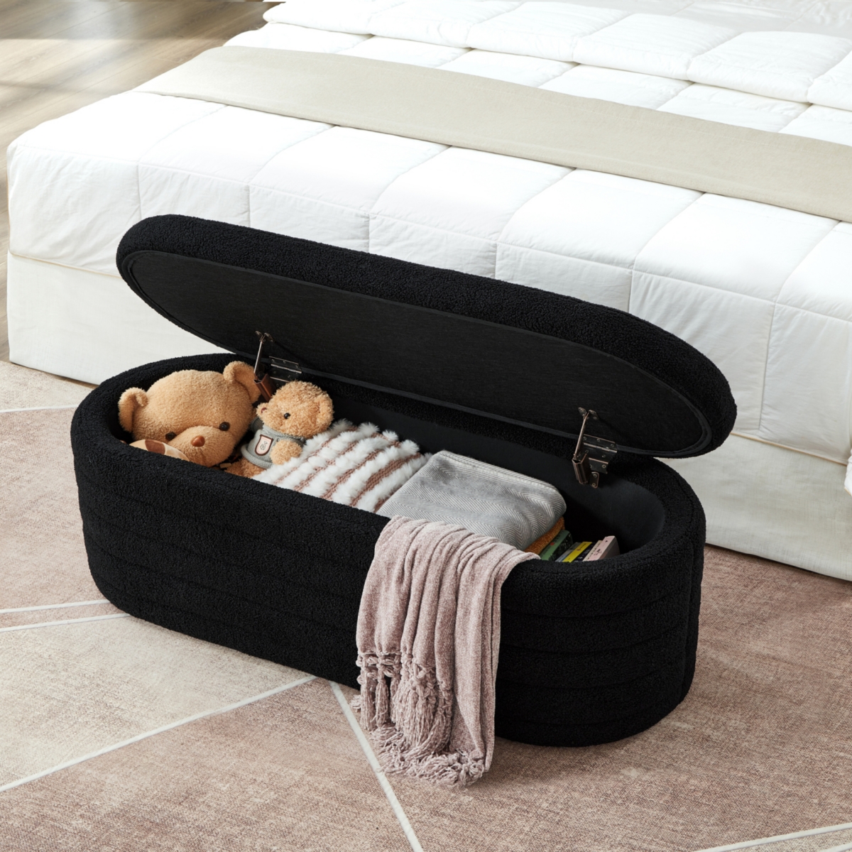 Modern Boucle Teddy Ottoman with Storage