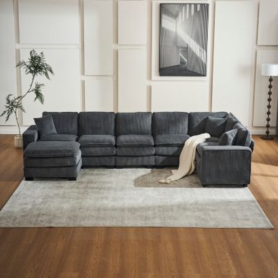 Modern U-Shaped 6-Seat Sectional Sofa with Ottoman and Pillows.