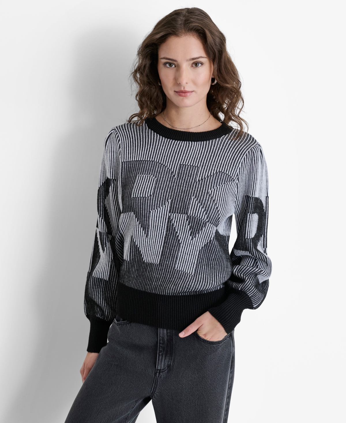 Dkny Women's Logo-Transfer Ribbed Crewneck Sweater -ivory