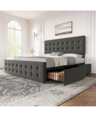 Queen Faux Leather Bed Frame &acirc;€“ Upholstered platform with wooden slats, button-tufted headboard & 4 storage drawers, no box spring needed