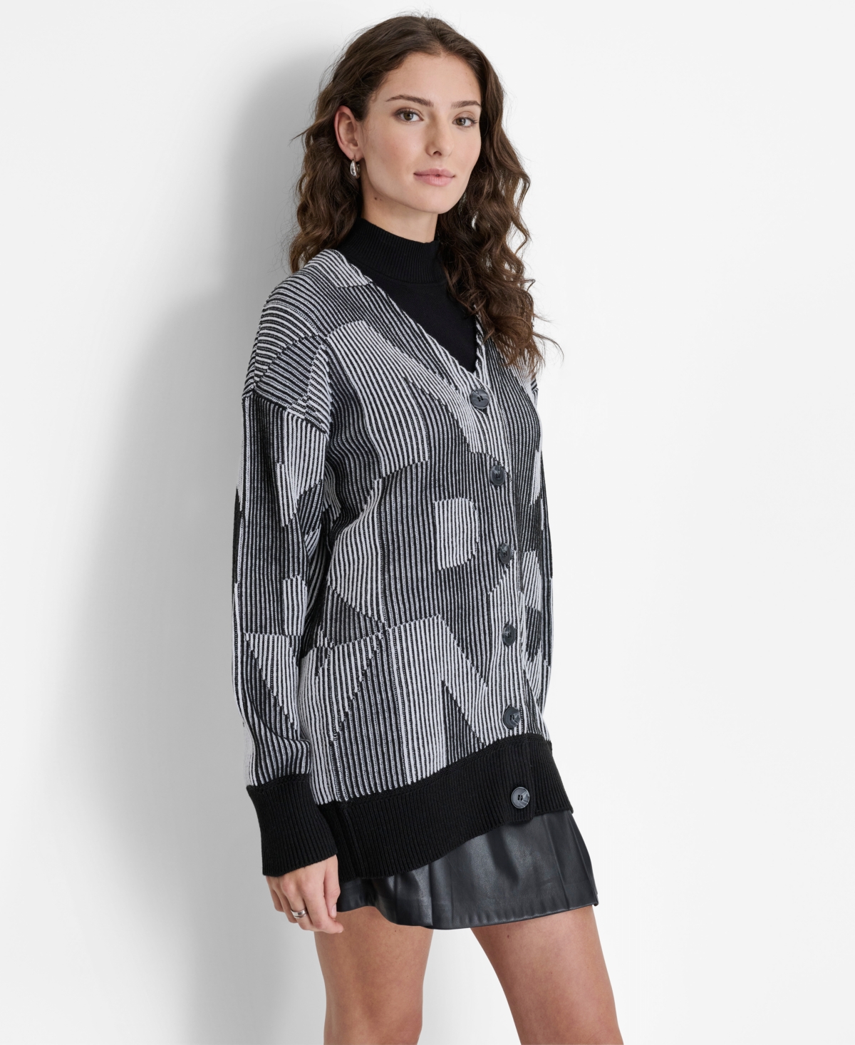 Dkny Women's Logo-Transfer Rib-Knit V-Neck Cardigan -ivory