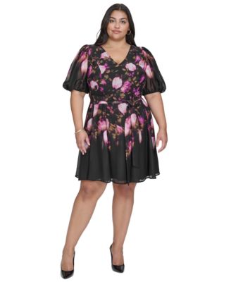 DKNY Plus Size V-Neck Short-Balloon-Sleeve Tie-Waist Dress - Macy's