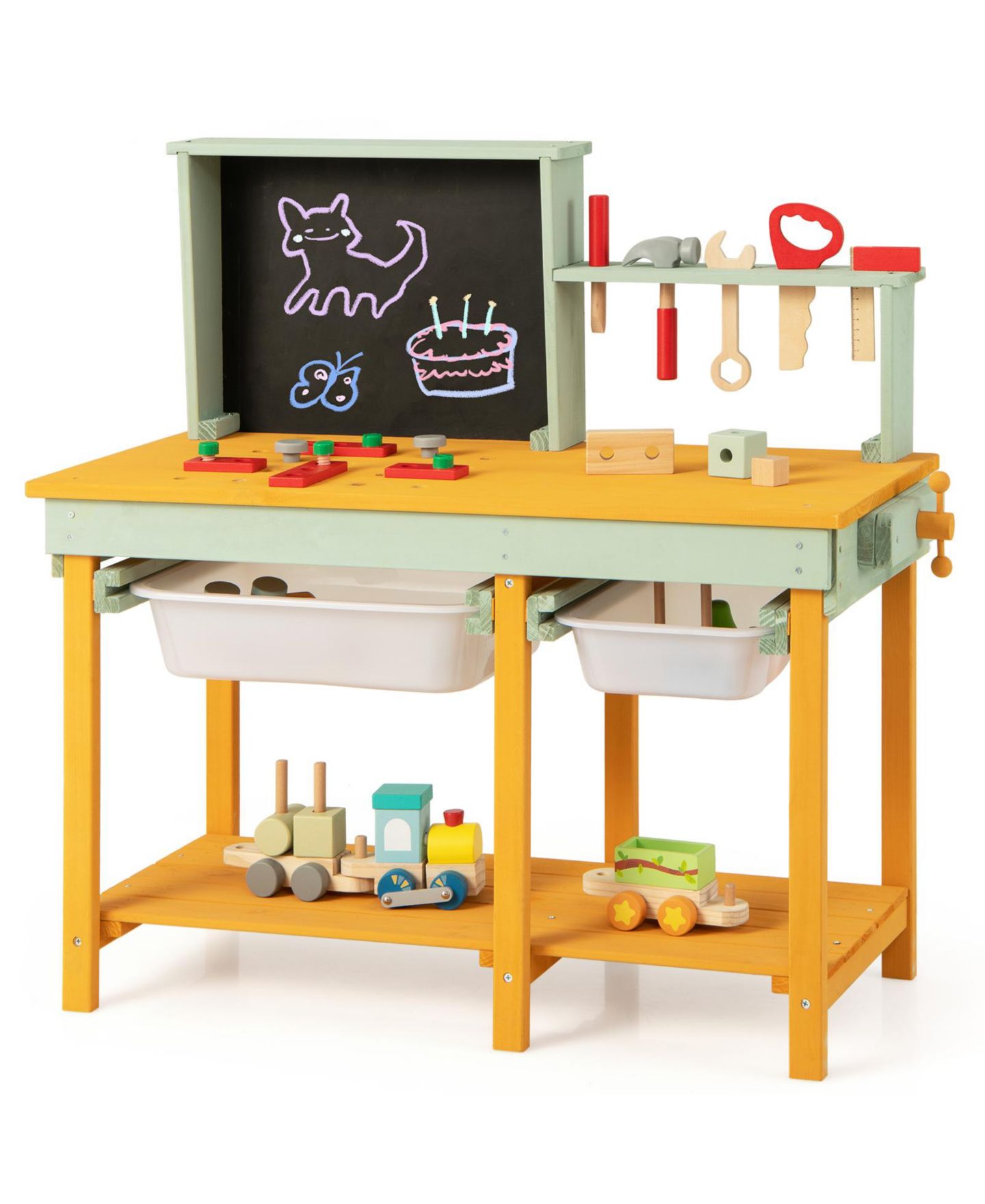 Детская игрушка VEBREDA Kids Wooden Toy Workbench with Storage Space and Blackboard, цвет: Натуральный — фото 9