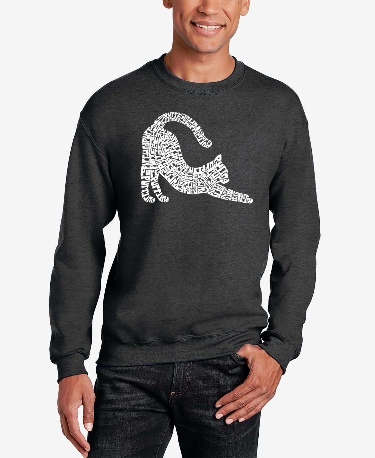 La Pop Art Men's Stretching Cat Word Art Crewneck Sweatshirt