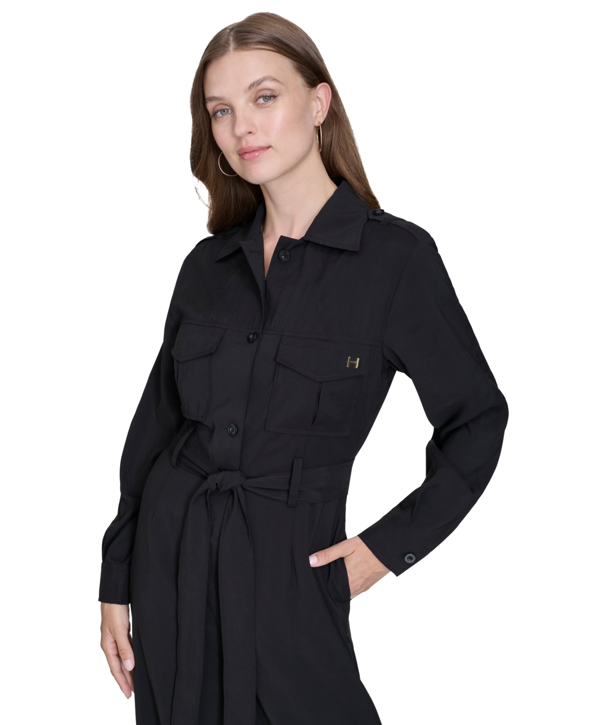 Halston Women's Trench Tie-Waist Wide-Leg Long-Sleeve Jumpsuit