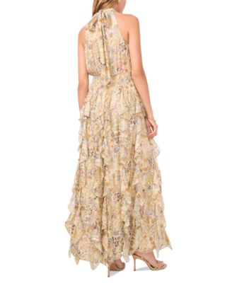 Women's Floral Smocked Cascade-Ruffle Halter Maxi Dress