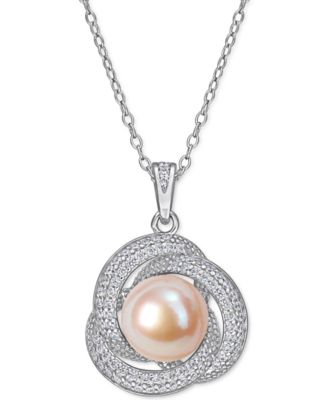 2-Pc. Set Pink Cultured Freshwater Pearl (9-1/2mm - 10-1/2mm) & Cubic Zirconia Love Knot Pendant Necklace & Matching Stud Earrings in Sterling Silver