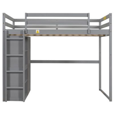 Gray Wooden Full Loft Bed with Wardrobe and LED Light
