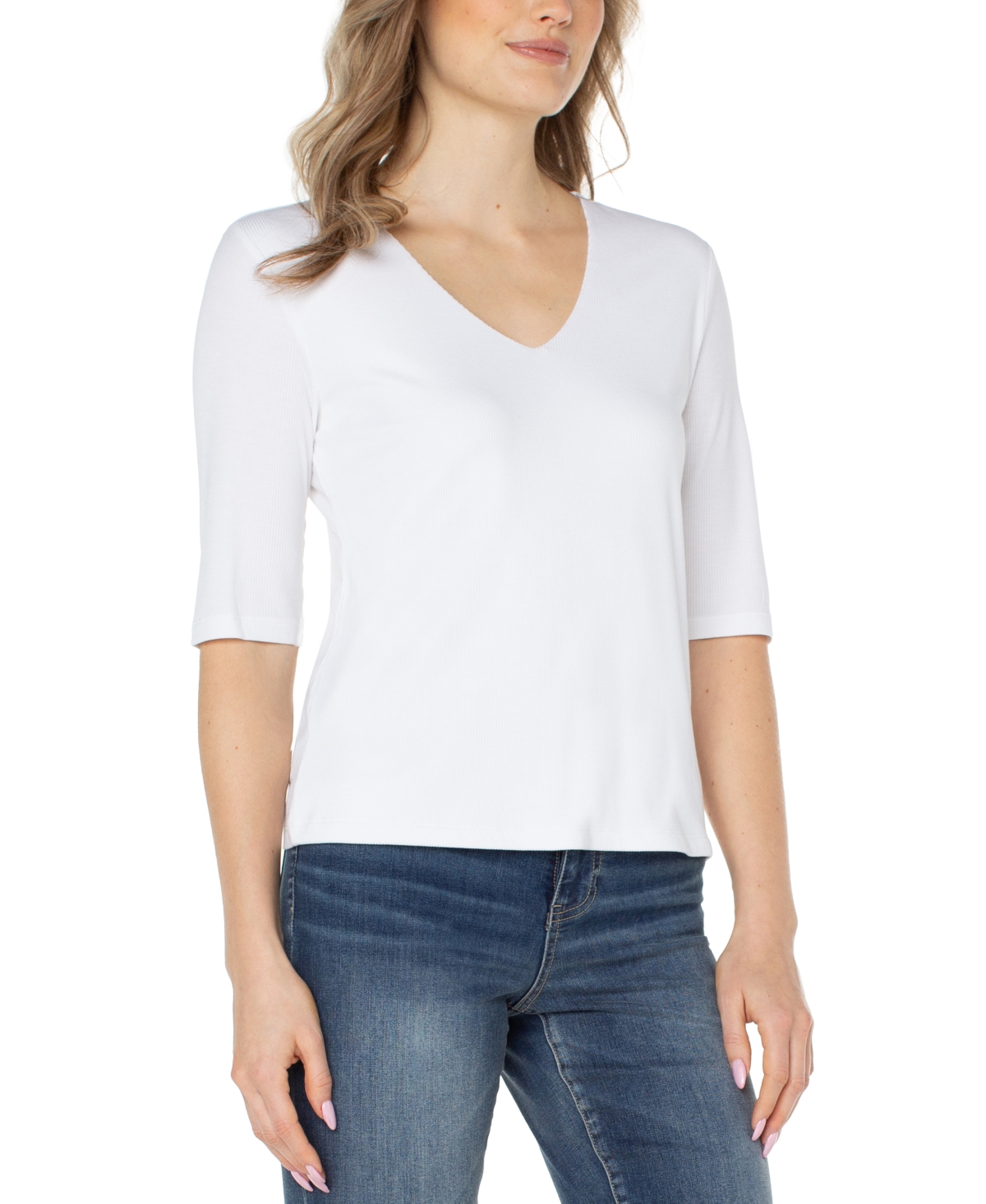Liverpool Los Angeles Women's V-Neck Elbow-Sleeve Knit Top